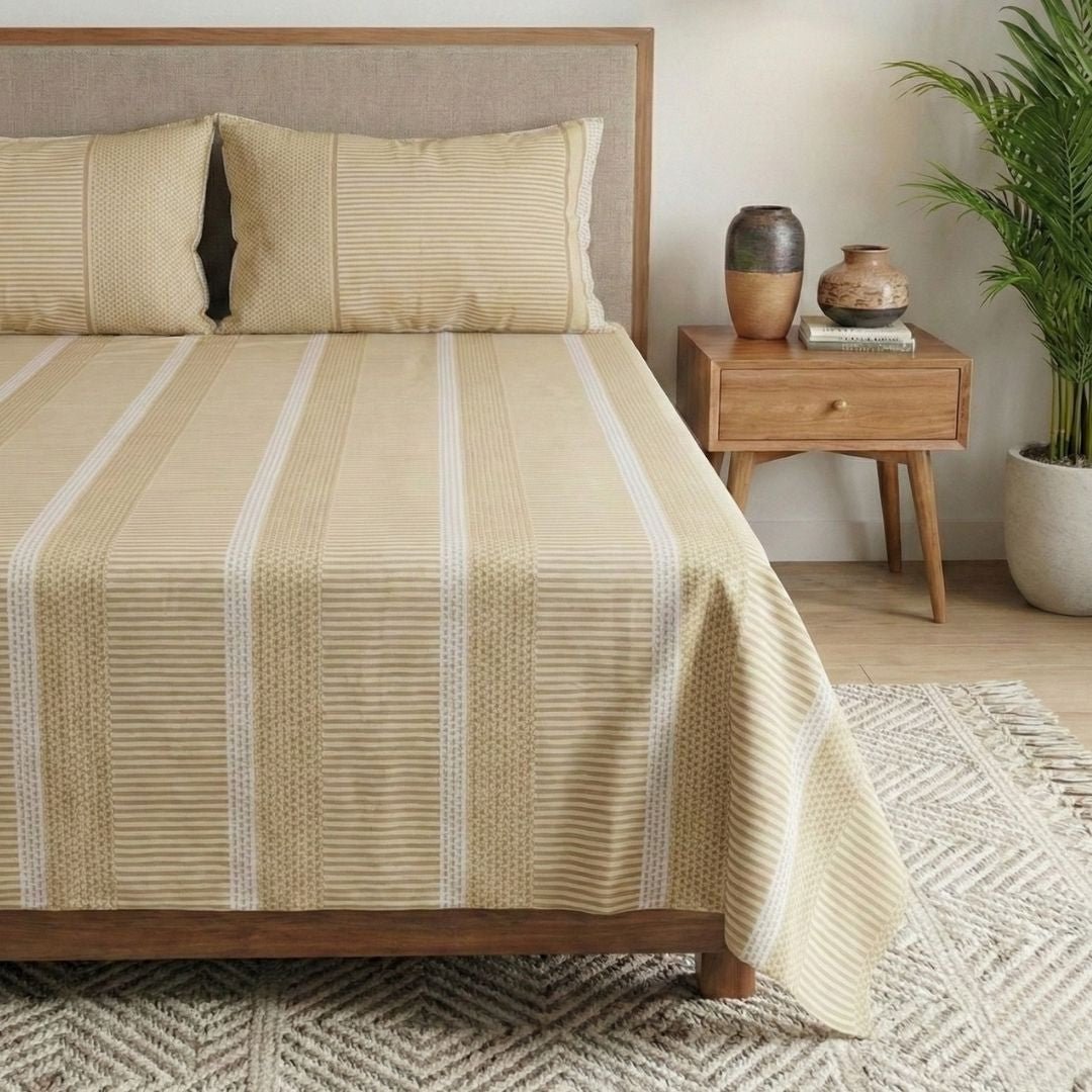 Beige & White Pure Cotton Textured Bedsheet | Queen and King Size | Handprinted