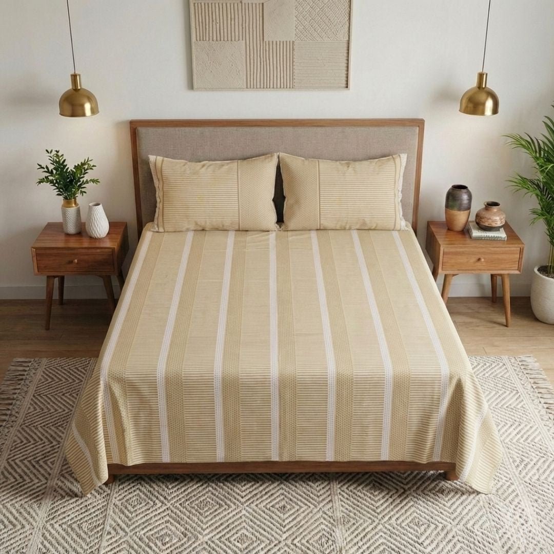 Beige & White Pure Cotton Textured Bedsheet | Queen and King Size | Handprinted