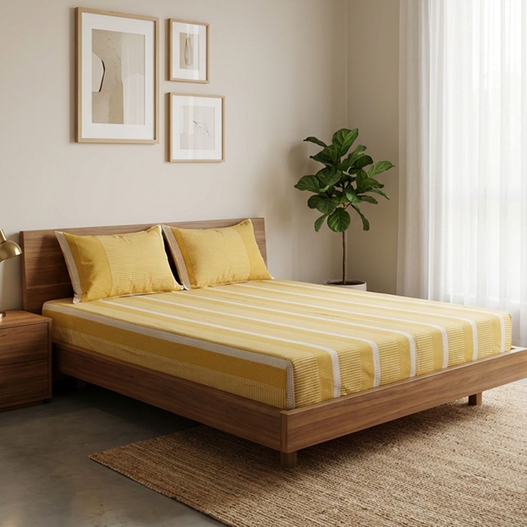 Mustard Gold and Off white Textured design along with Pillow Cover | Single Bed Size