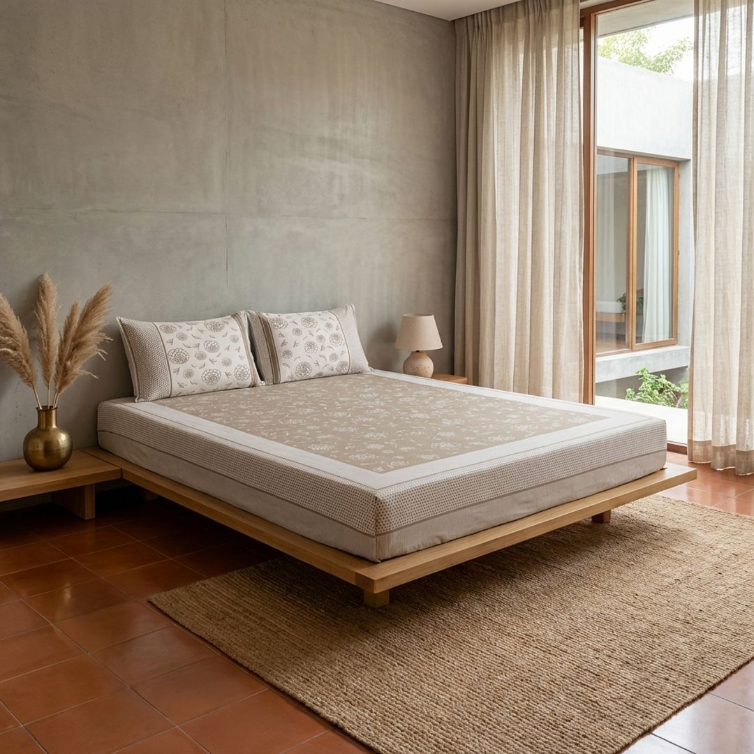 Taupe and Off White Pure Cotton Bedsheet | Queen and King Size | Handprinted