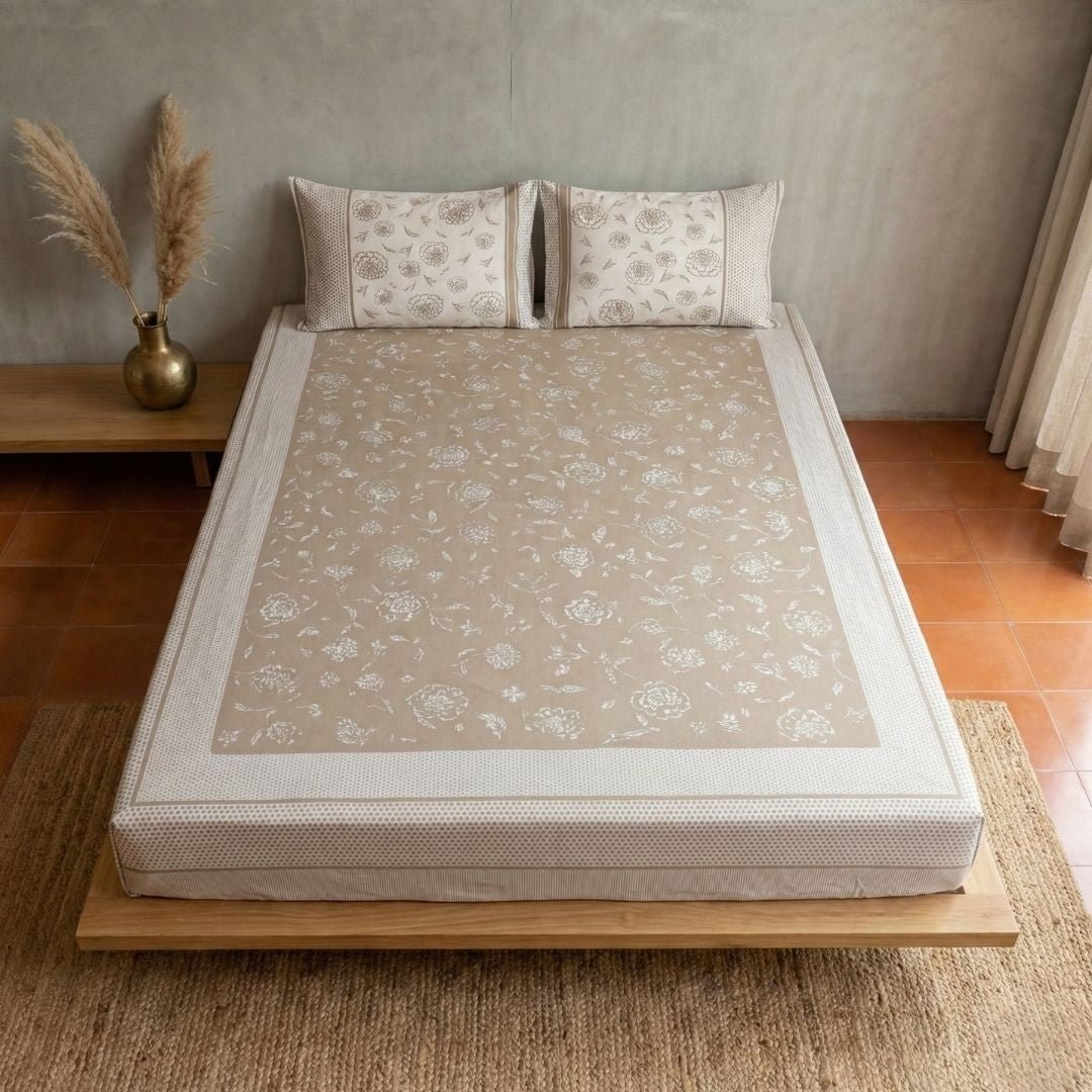 Taupe and Off White Pure Cotton Bedsheet | Queen and King Size | Handprinted