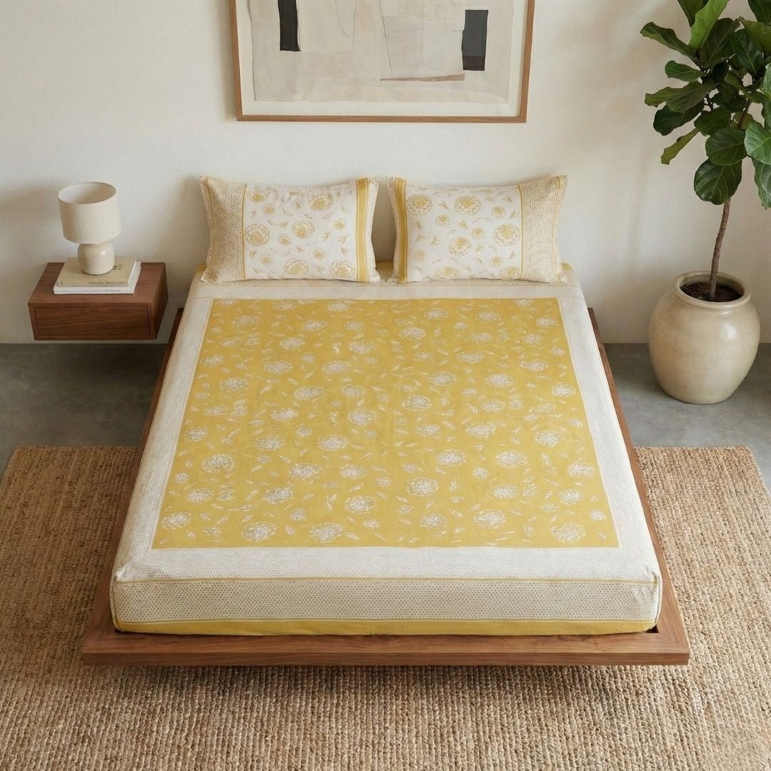 Mustard and Off White Pure Cotton Bedsheet | Queen and King Size | Handprinted