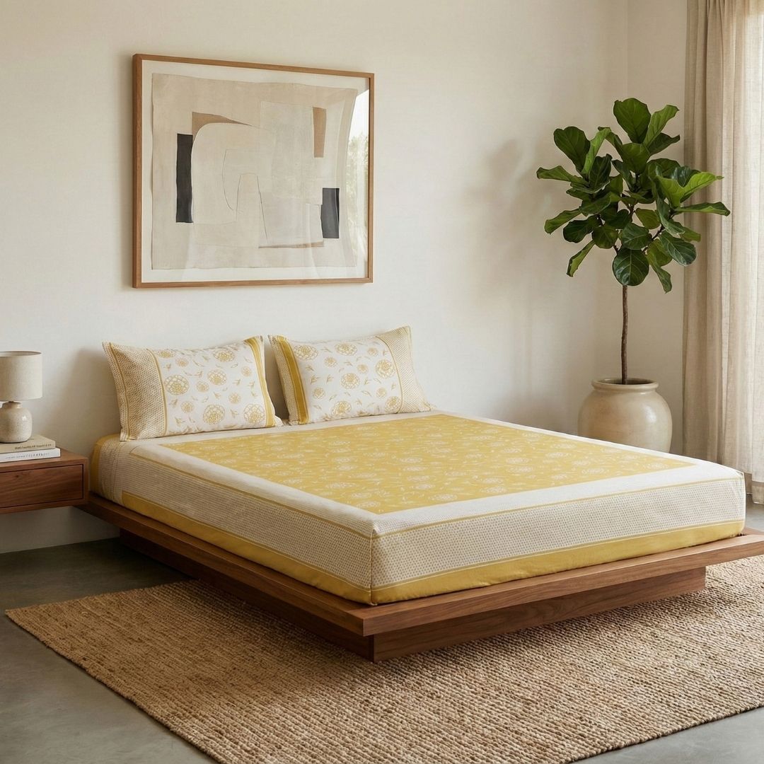 Mustard and Off White Pure Cotton Bedsheet | Queen and King Size | Handprinted