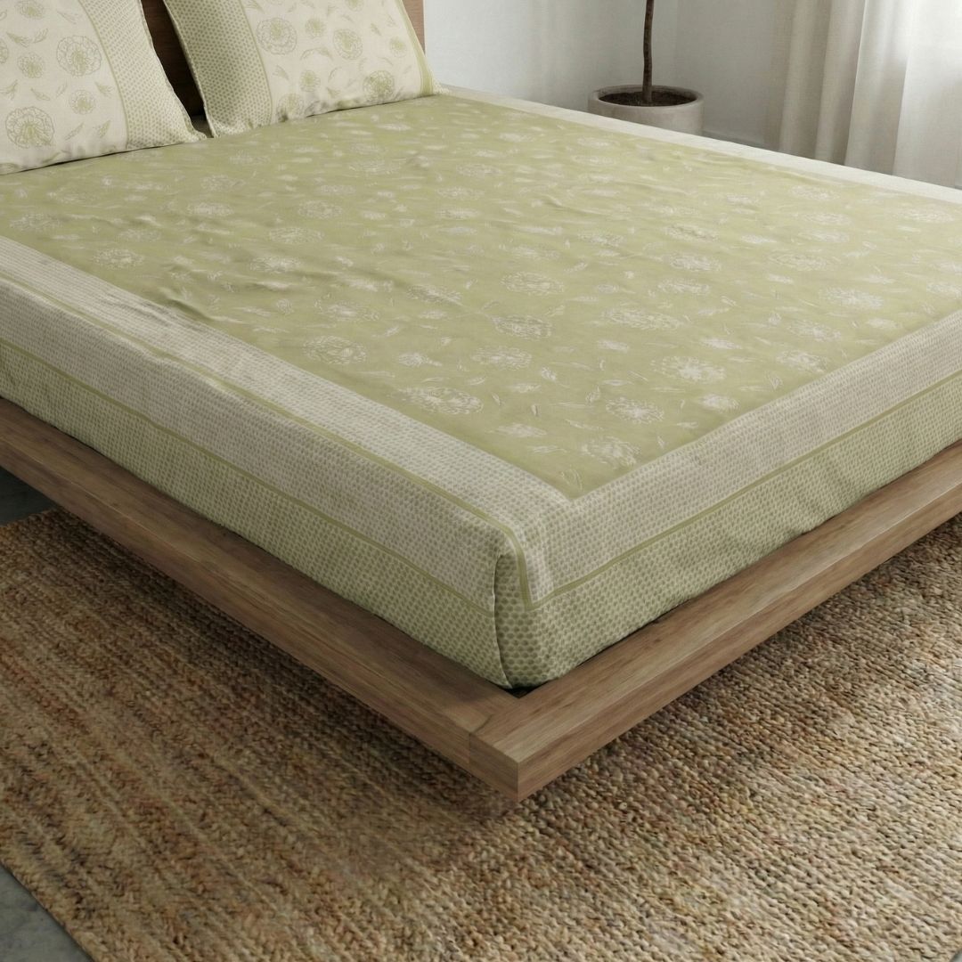 Sage Green & Off White Pure Cotton Bedsheet | Queen and King Size | Handprinted