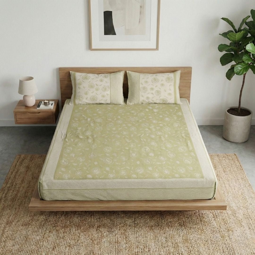 Sage Green & Off White Pure Cotton Bedsheet | Queen and King Size | Handprinted