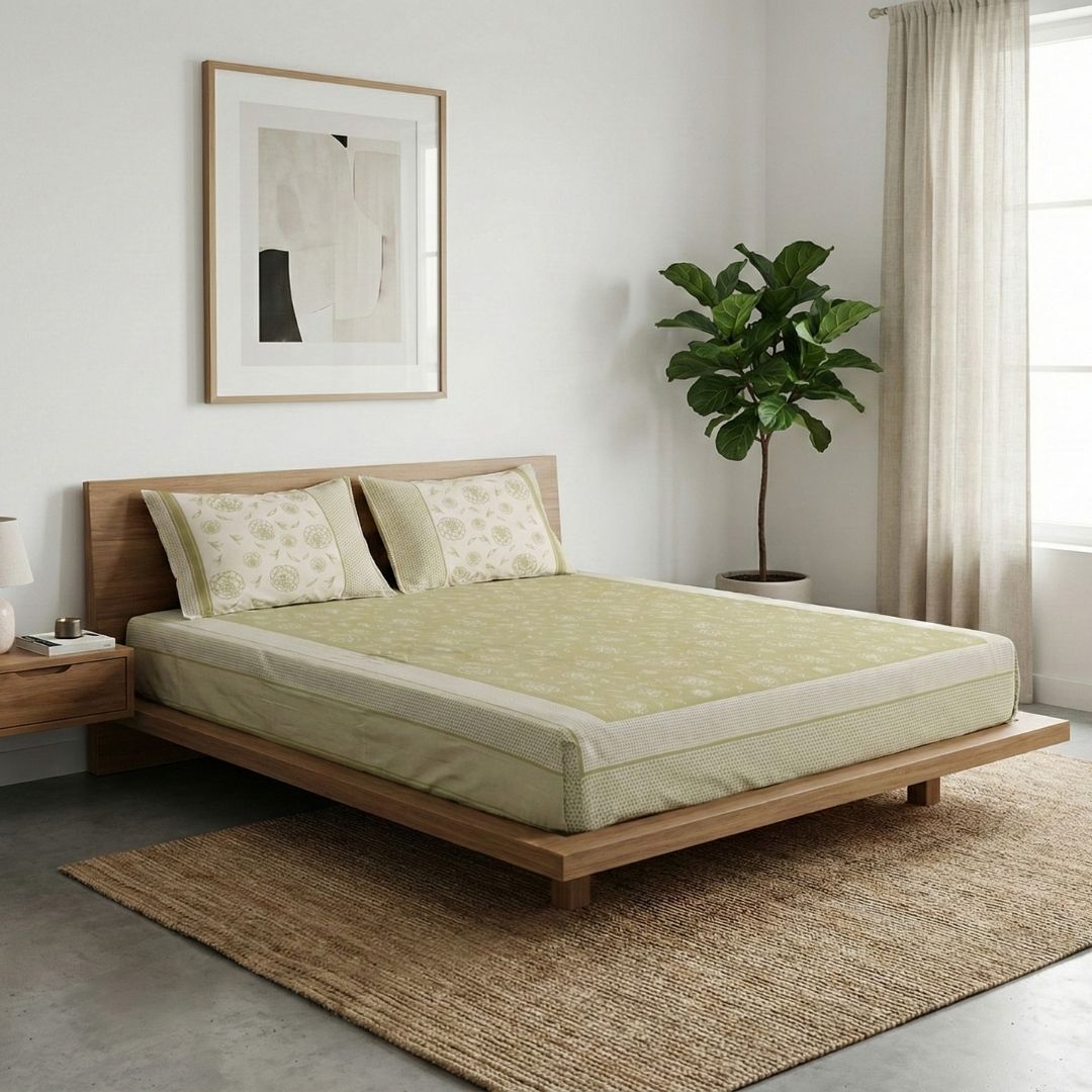 Sage Green & Off White Pure Cotton Bedsheet | Queen and King Size | Handprinted
