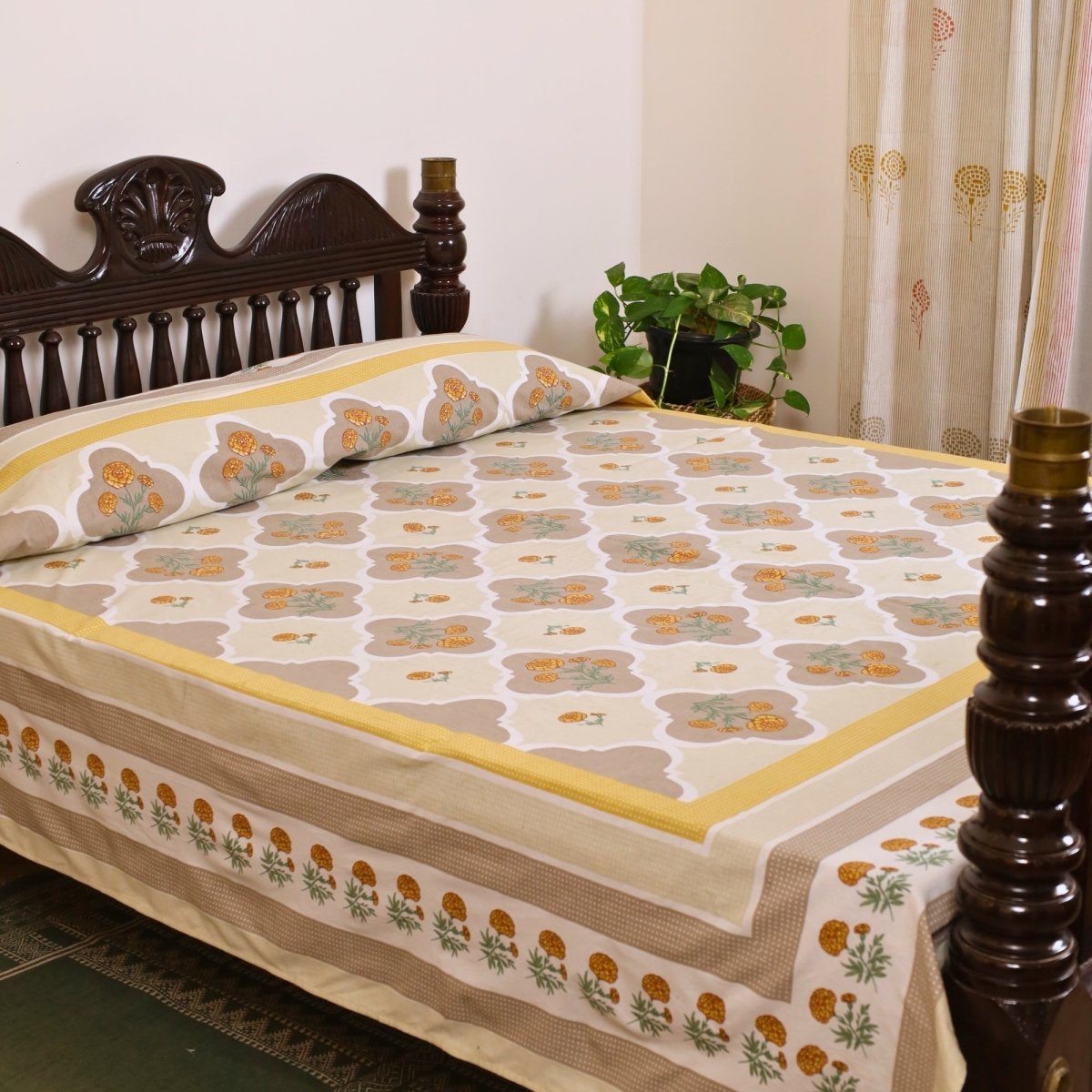 Ivory and Taupe Pure Cotton Bedcover | Single and Queen | Handprinted