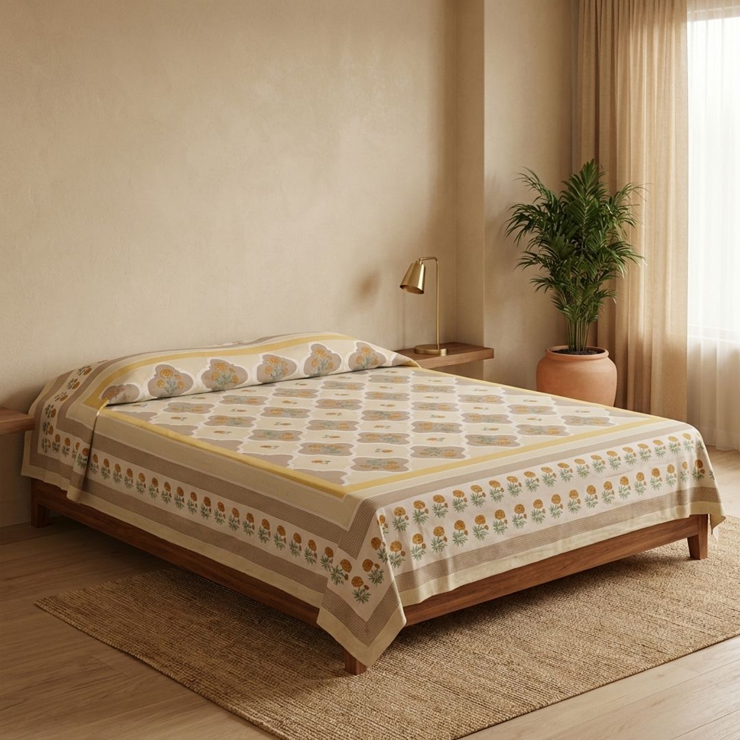 Ivory and Taupe Pure Cotton Bedcover | Single and Queen | Handprinted