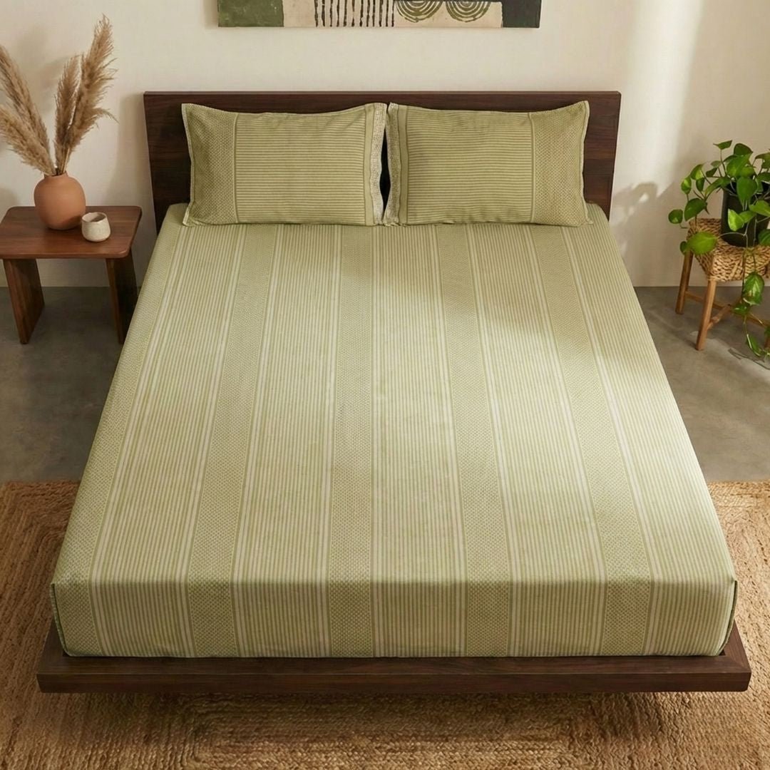 Cotton Bedsheet and Pillow Cover in Textured Sage Green and White