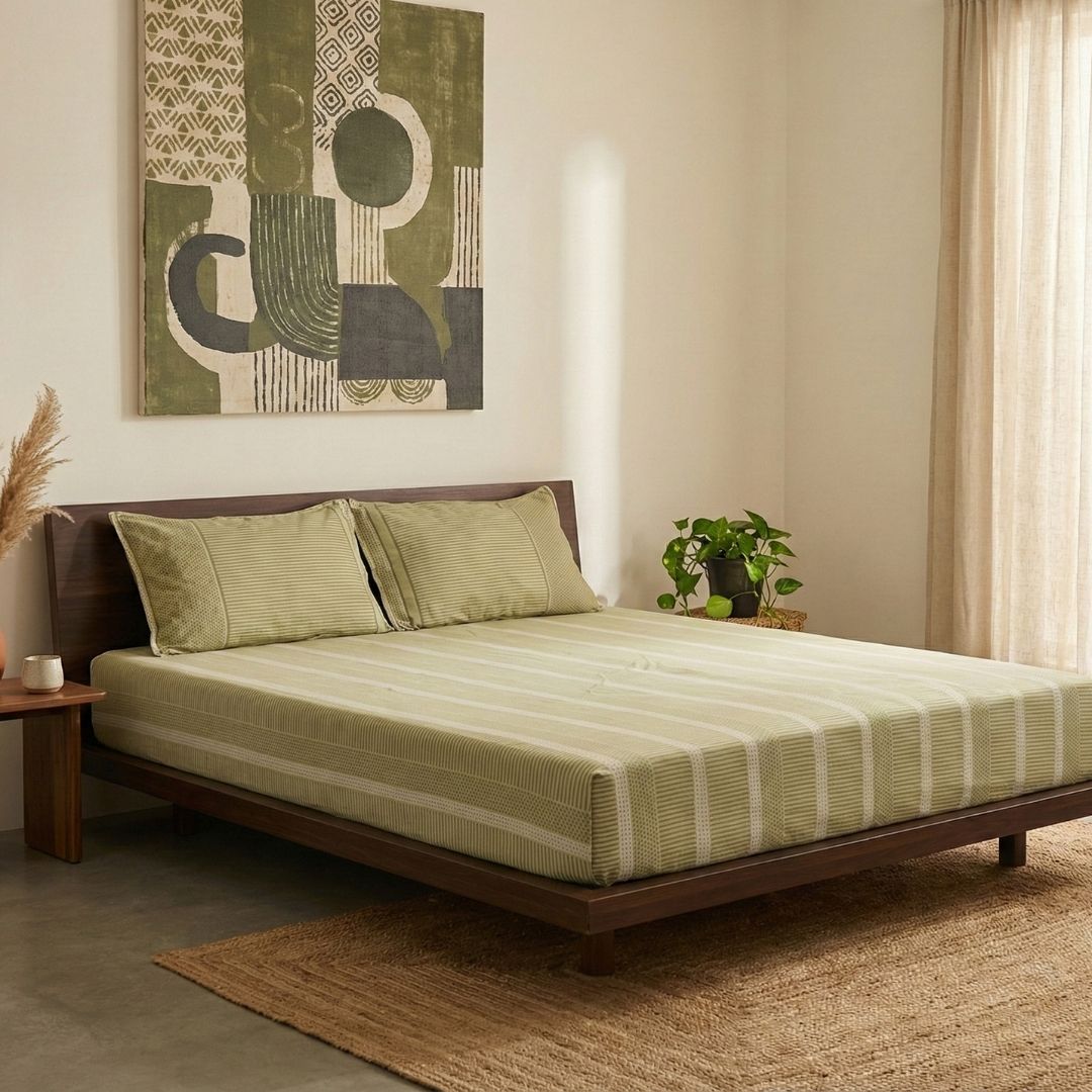 Cotton Bedsheet and Pillow Cover in Textured Sage Green and White