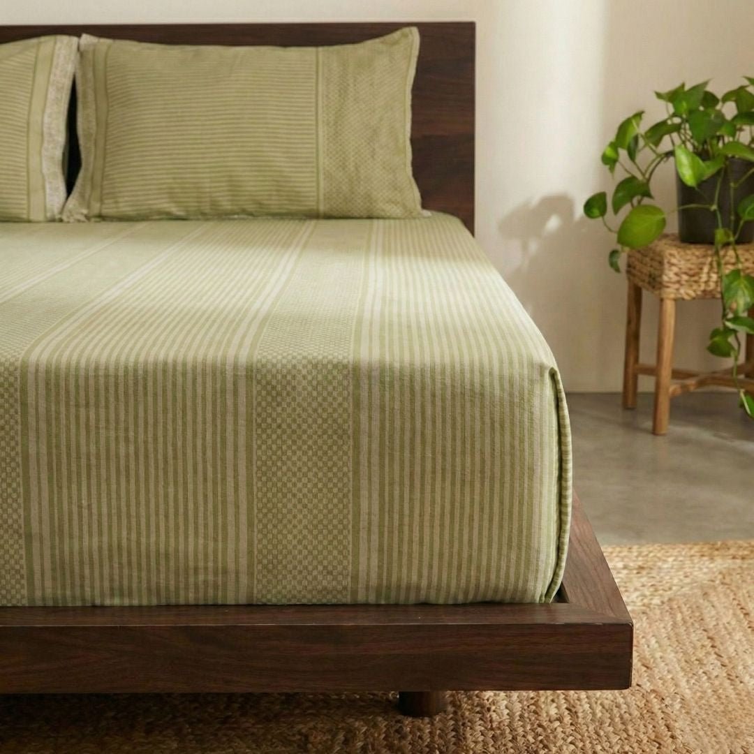 Cotton Bedsheet and Pillow Cover in Textured Sage Green and White