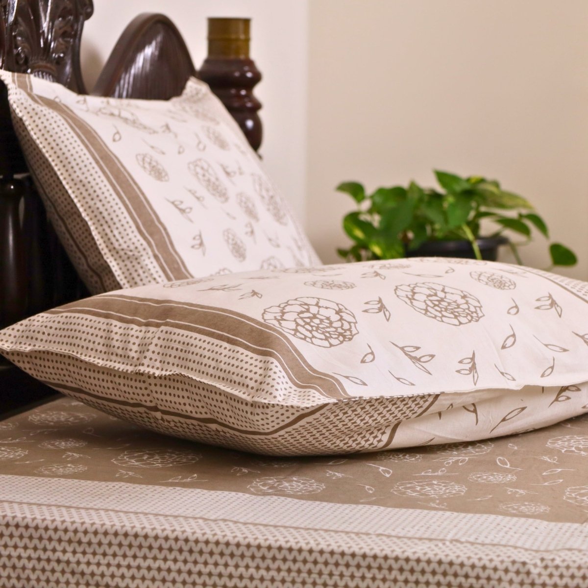 Taupe and Off White Pure Cotton Bedsheet | Queen and King Size | Handprinted