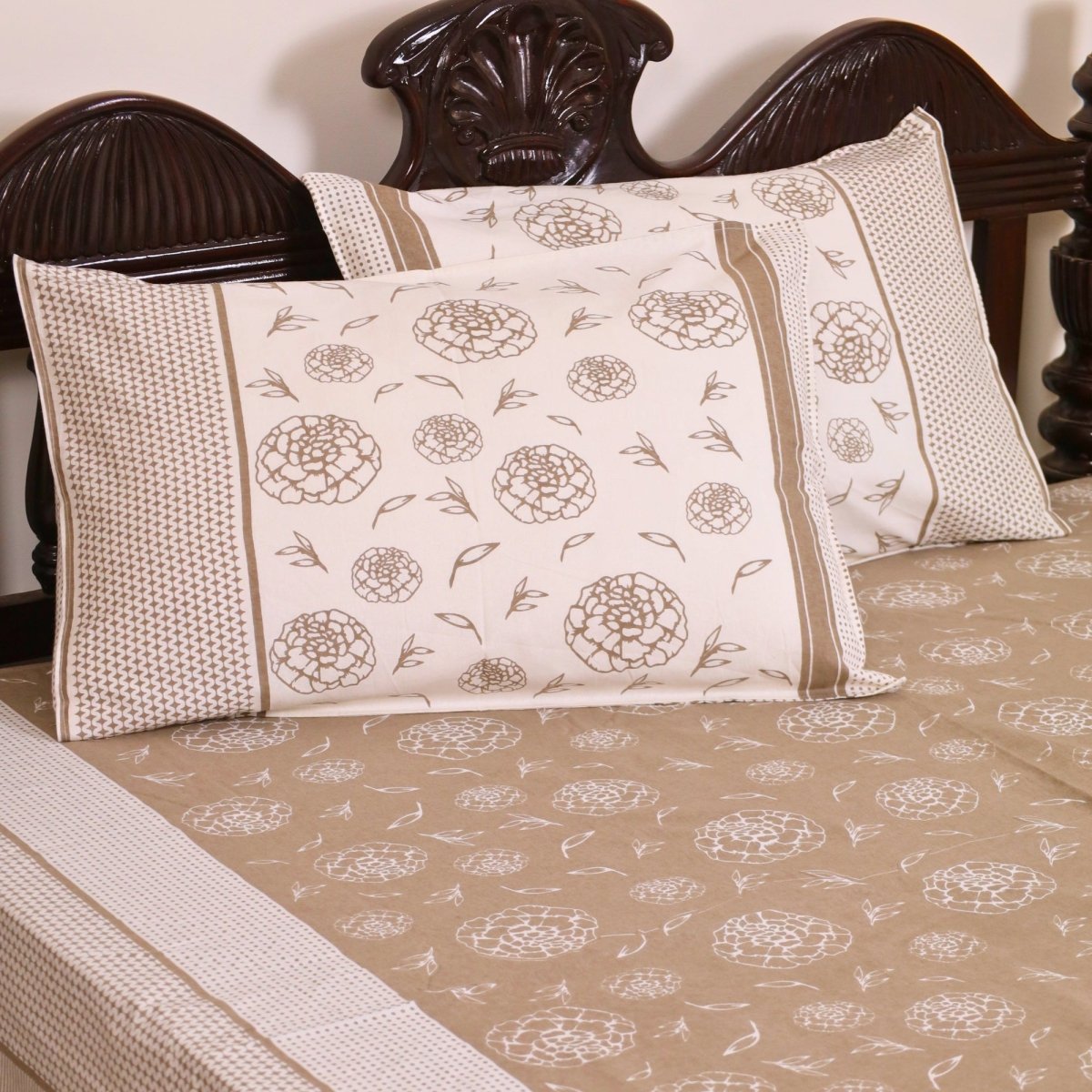 Taupe and Off White Pure Cotton Bedsheet | Queen and King Size | Handprinted