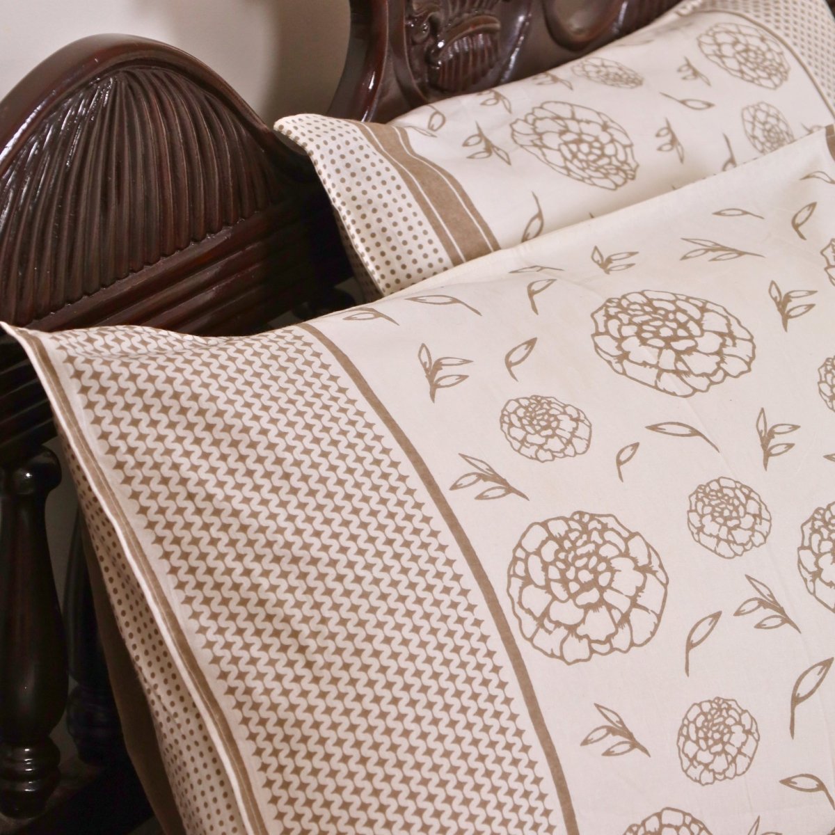 Taupe and Off White Pure Cotton Bedsheet | Queen and King Size | Handprinted