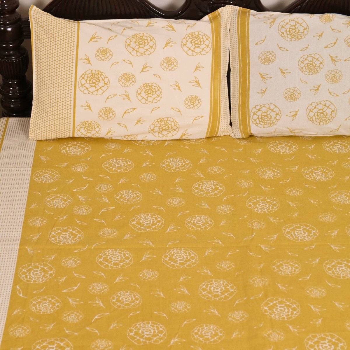 Mustard and Off White Pure Cotton Bedsheet | Queen and King Size | Handprinted