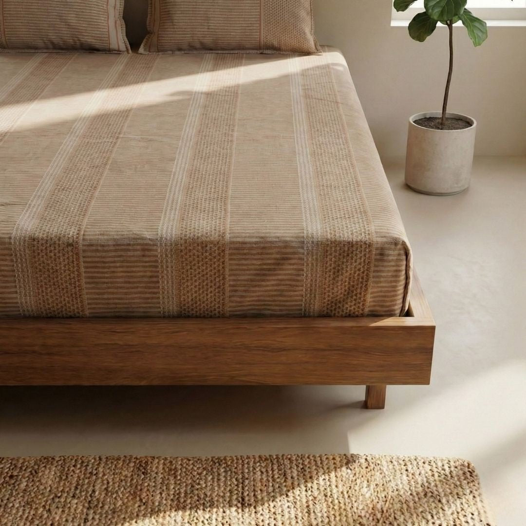 Cotton Bedsheet with Pillow Cover in Textured Taupe and Wine