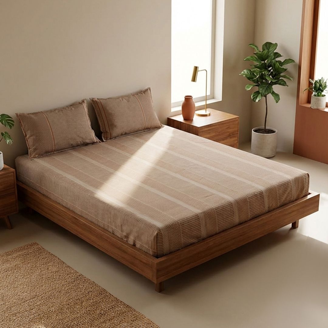 Cotton Bedsheet with Pillow Cover in Textured Taupe and Wine