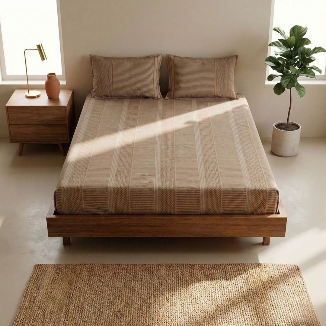 Cotton Bedsheet with Pillow Cover in Textured Taupe and Wine