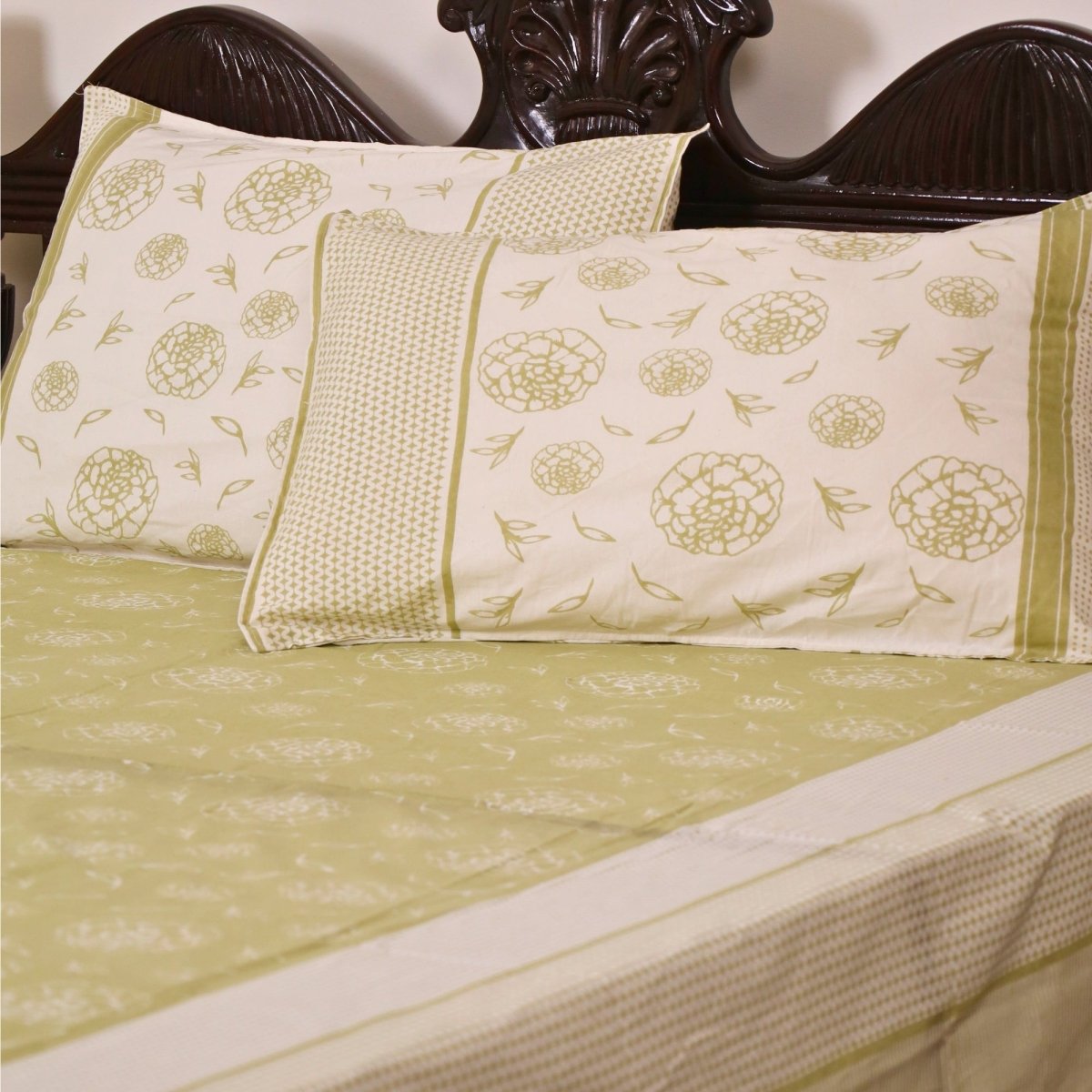 Sage Green & Off White Pure Cotton Bedsheet | Queen and King Size | Handprinted
