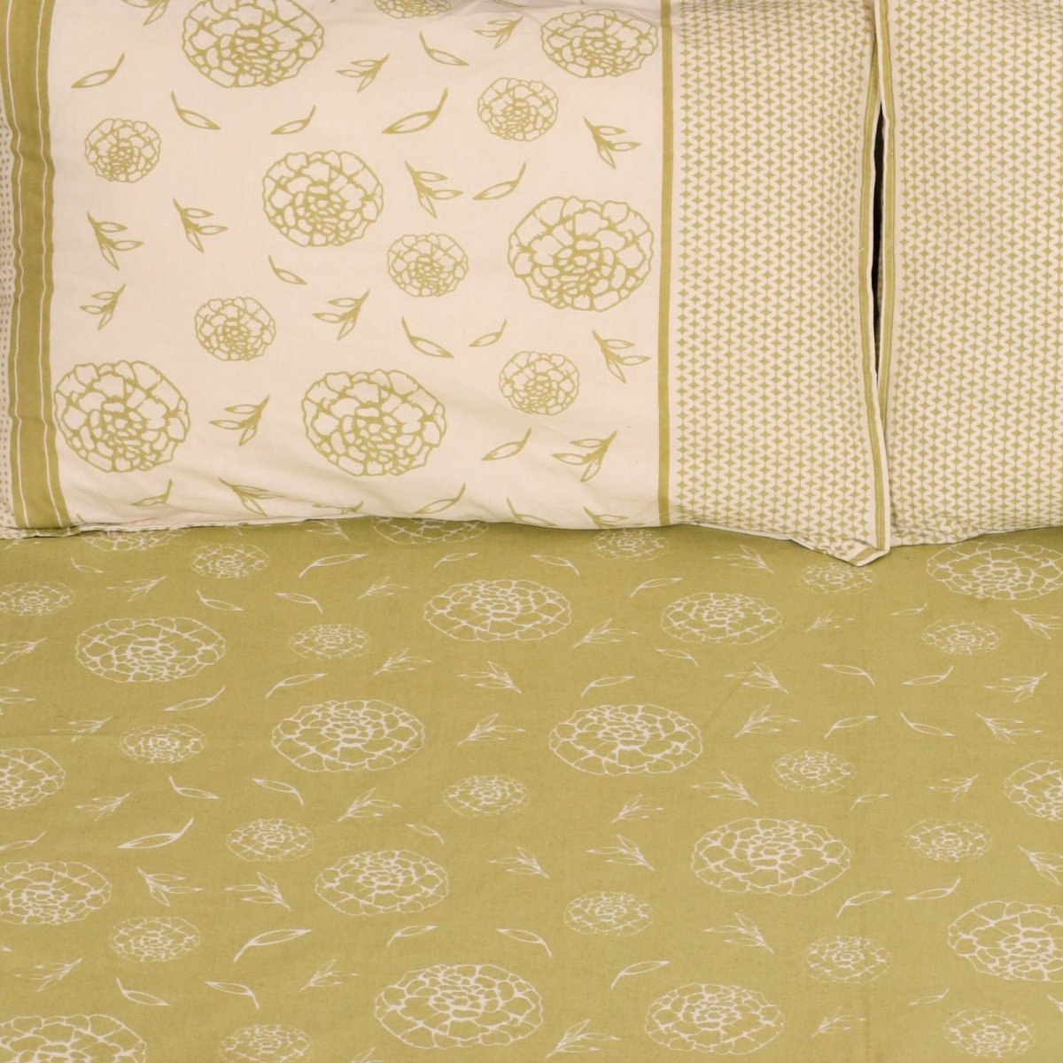Sage Green & Off White Pure Cotton Bedsheet | Queen and King Size | Handprinted