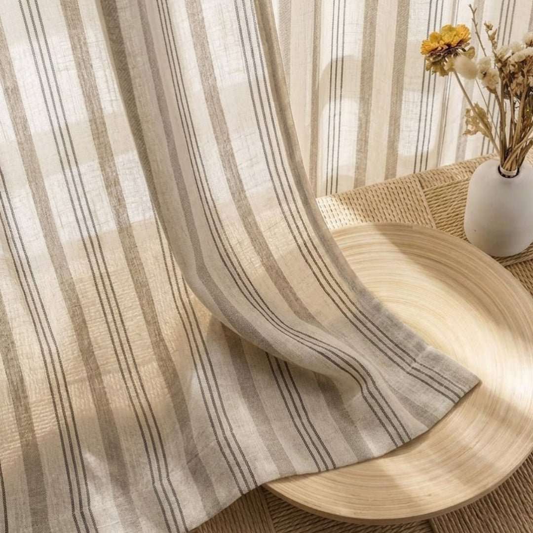 Pure Cotton Curtains in off white and charcoal colours with Double Stripes, available in 7ft pack of 1 and 2
