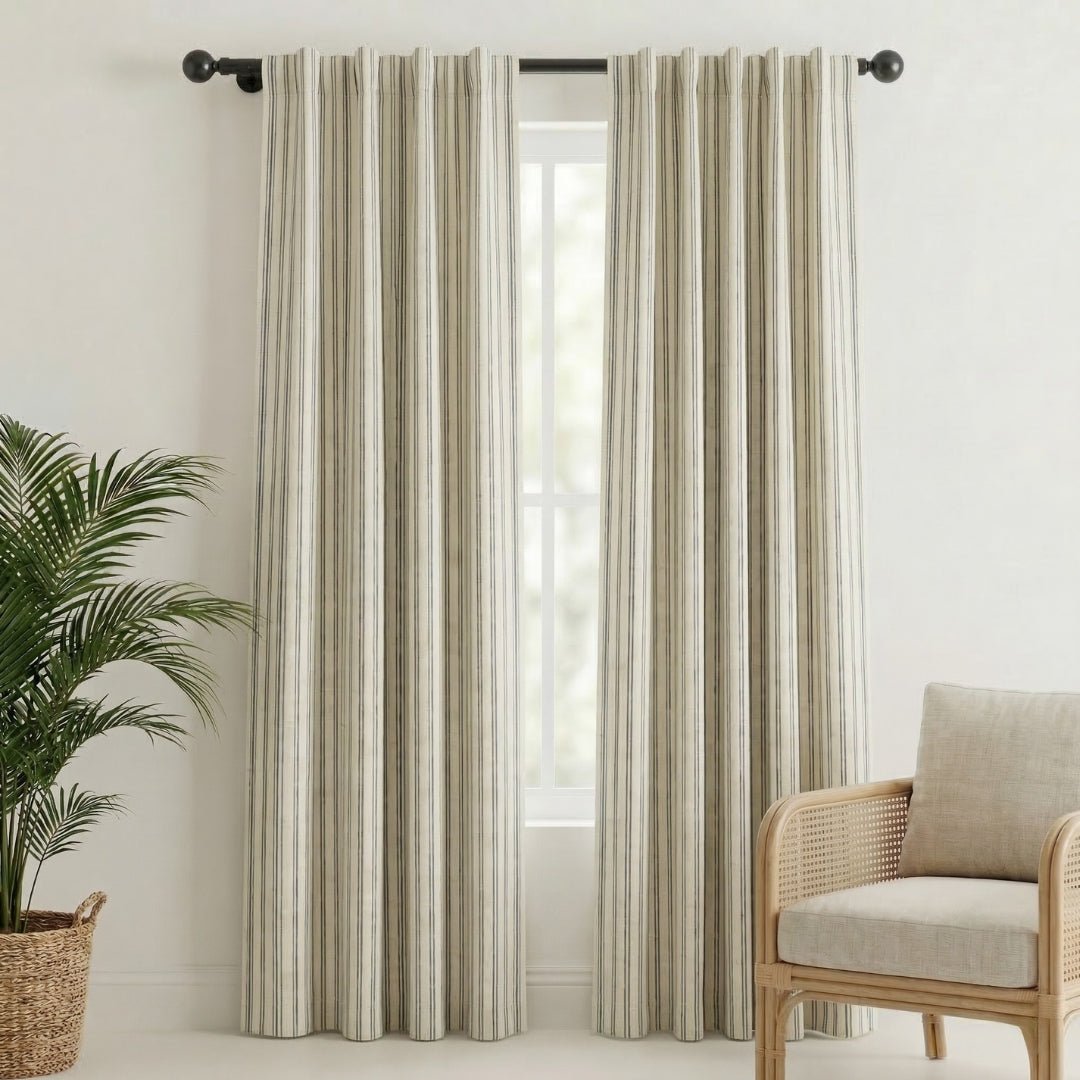Pure Cotton Curtains in off white and charcoal colours with Double Stripes, available in 7ft pack of 1 and 2