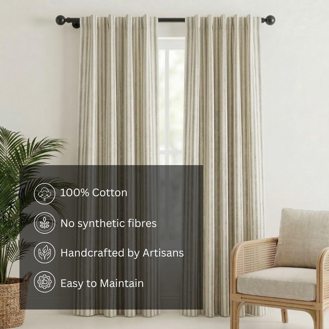 Pure Cotton Curtains in off white and charcoal colours with Double Stripes, available in 7ft pack of 1 and 2