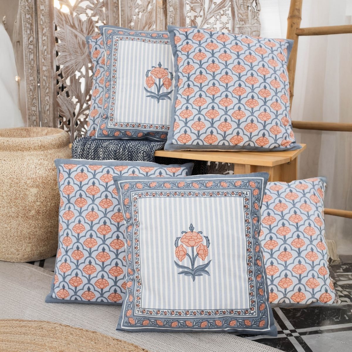 Blue and Dusty Pink Cotton Cushion Cover | 18x18 in | Set of 5 | Floral and Jaali Design