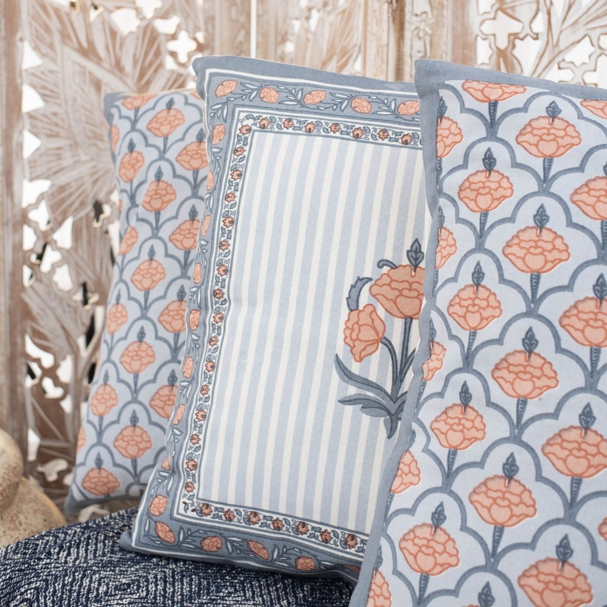 Blue and Dusty Pink Cotton Cushion Cover | 18x18 in | Set of 5 | Floral and Jaali Design