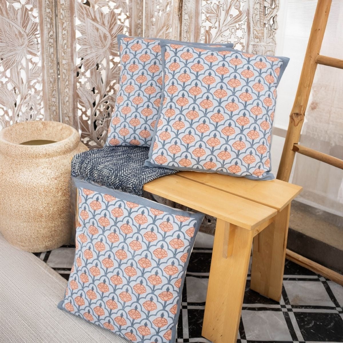 Blue and Dusty Pink Cotton Cushion Cover | 18x18 in | Set of 3, 4 and 5 | Jaali Design