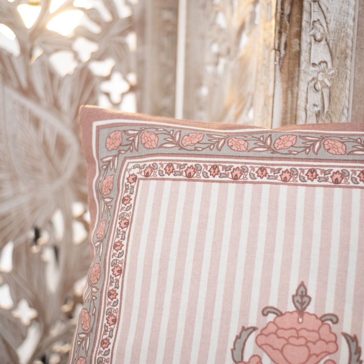 Dusty Pink Cotton Cushion Cover | 18x18 in | Set of 3 | Floral and Jaali Design