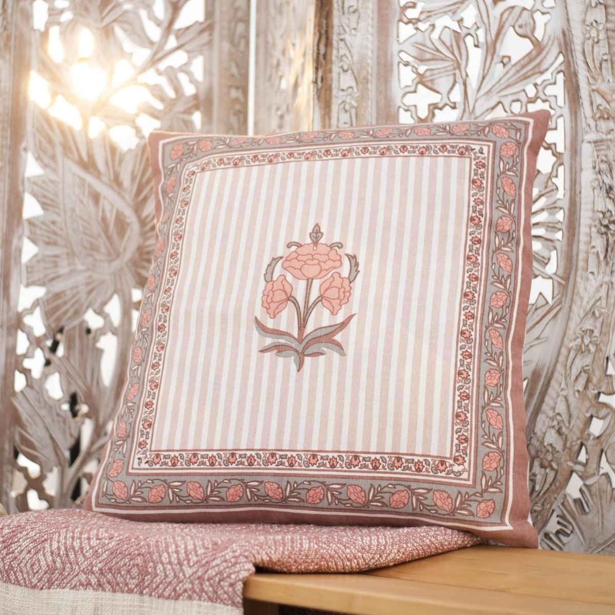 Dusty Pink Cotton Cushion Cover | 18x18 in | Set of 3 | Floral and Jaali Design