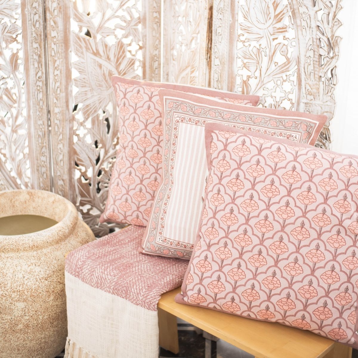 Dusty Pink Cotton Cushion Cover | 18x18 in | Set of 3 | Floral and Jaali Design