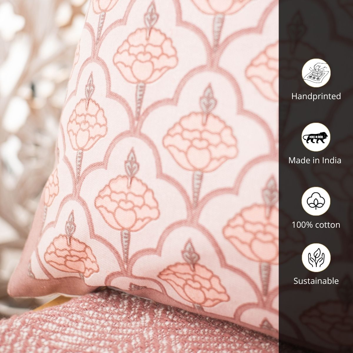 Dusty Pink Cotton Cushion Cover | 18x18 in | Set of 5 | Floral and Jaali Design