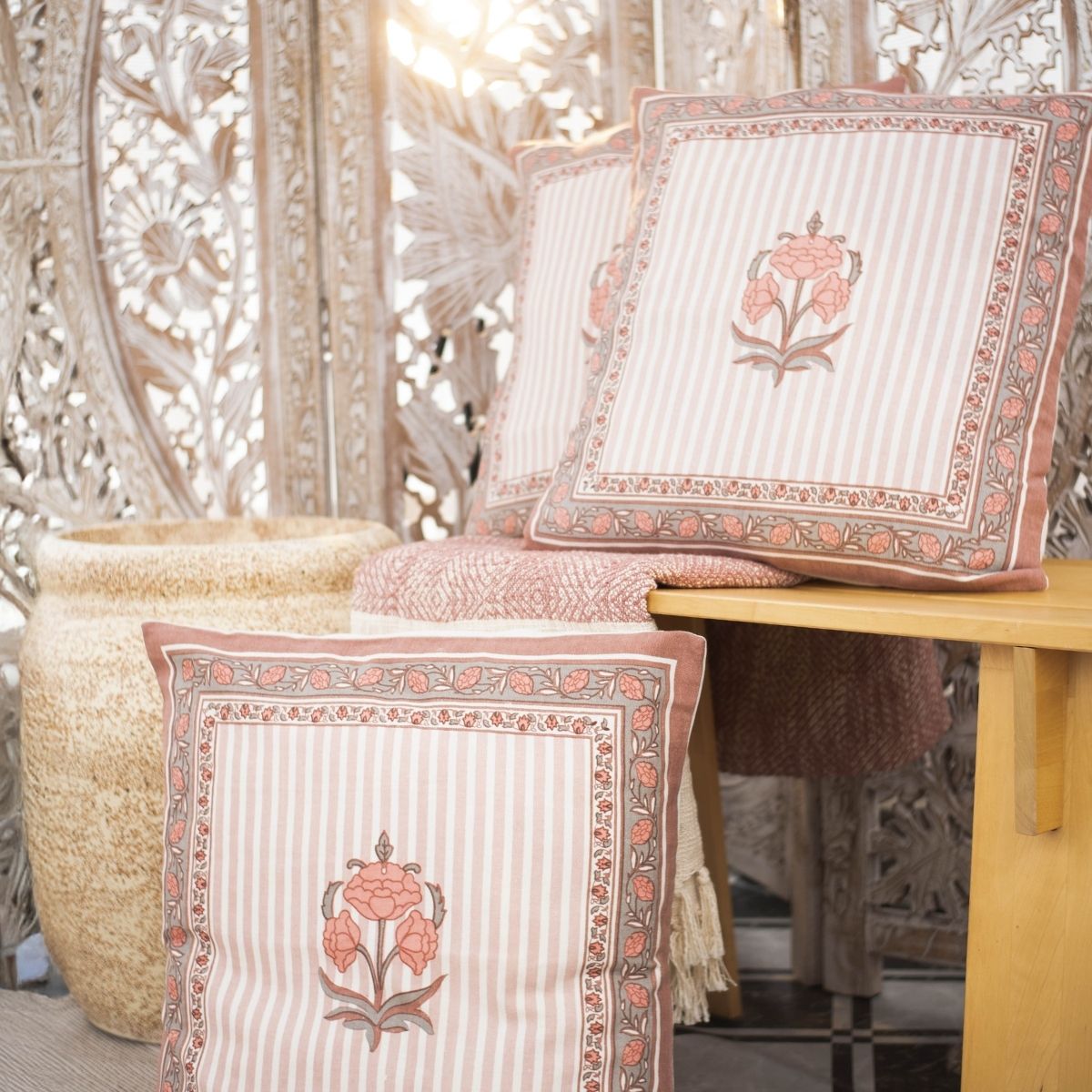 Dusty Pink Cotton Cushion Cover | 18x18 in | Set of 3, 4 and 5 | Floral Design