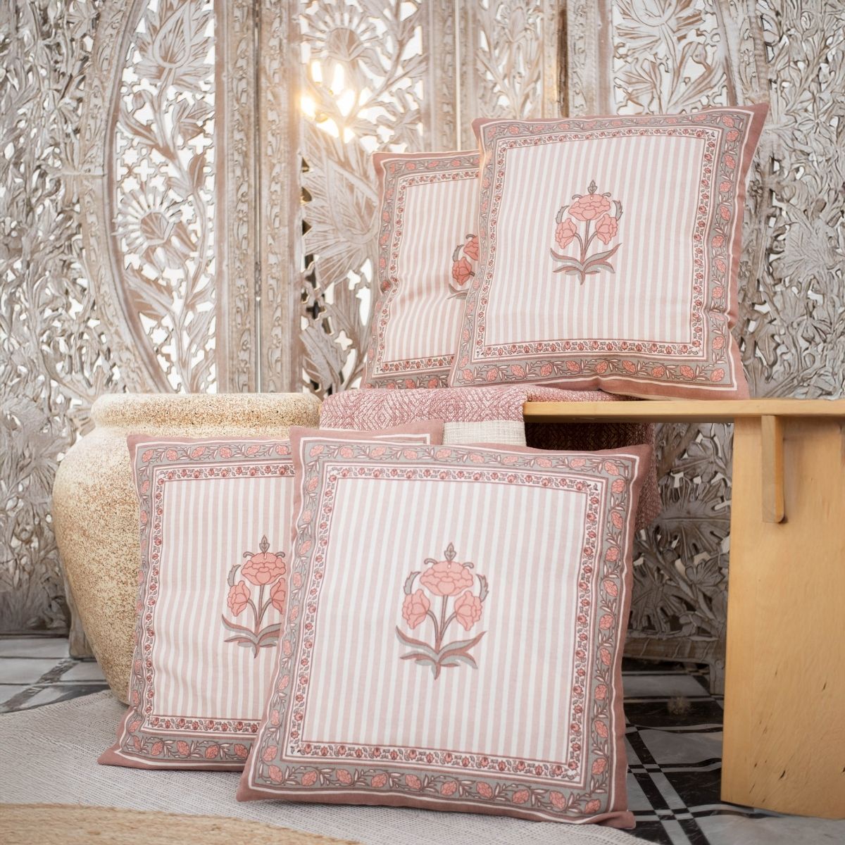 Dusty Pink Cotton Cushion Cover | 18x18 in | Set of 3, 4 and 5 | Floral Design