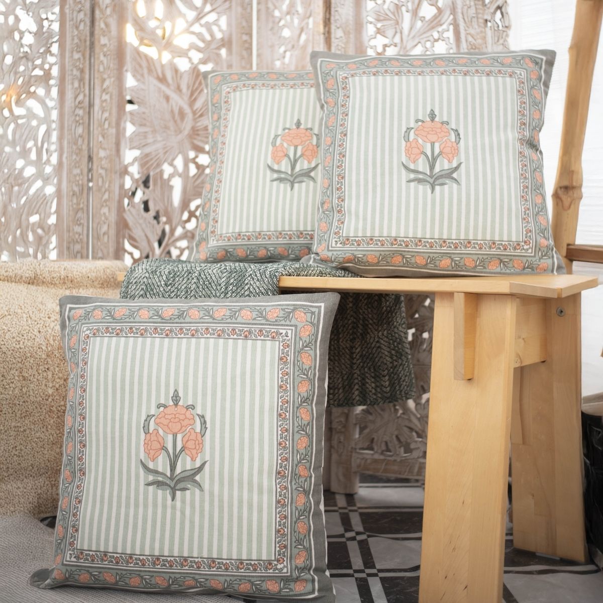 Green and Dusty Pink Cotton Cushion Cover | 18x18 in | Set of 3, 4 and 5 | Floral Design