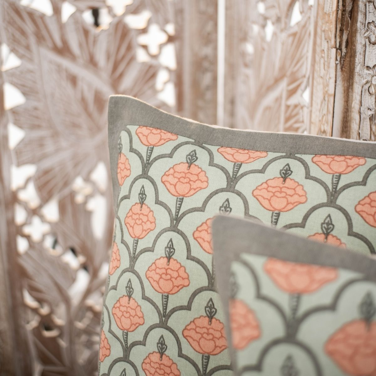 Green and Dusty Pink Cotton Cushion Cover | 18x18 in | Set of 3, 4 and 5 | Jaali Design