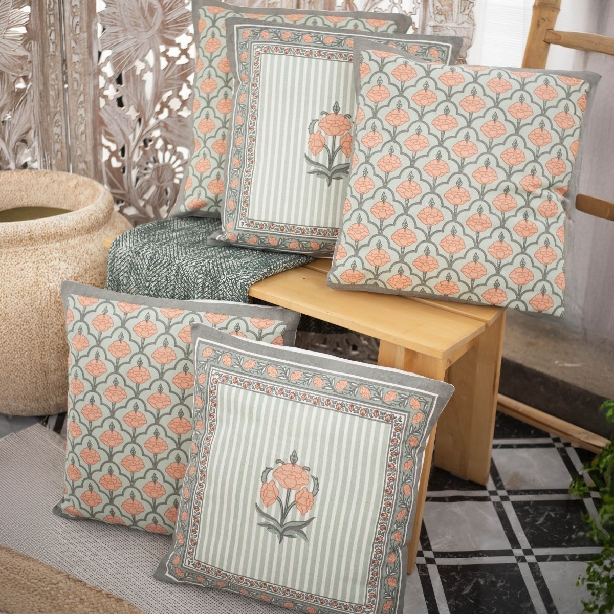 Green and Dusty Pink Cotton Cushion Cover | 18x18 in | Set of 5 | Floral and Jaali Design
