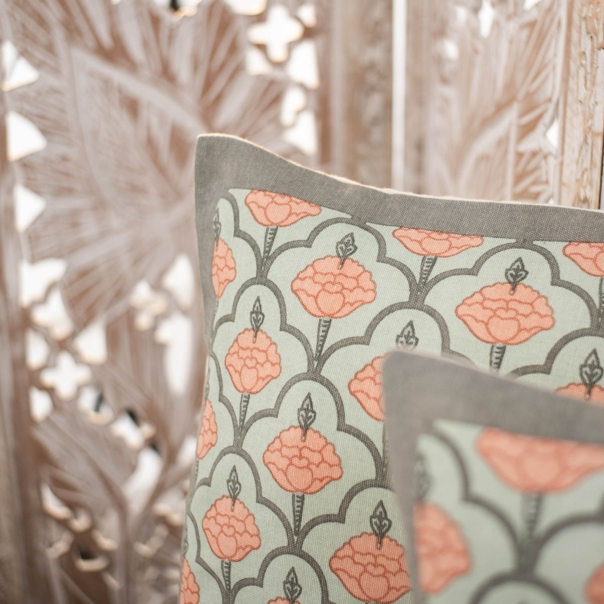 Green and Dusty Pink Cotton Cushion Cover | 18x18 in | Set of 5 | Floral and Jaali Design