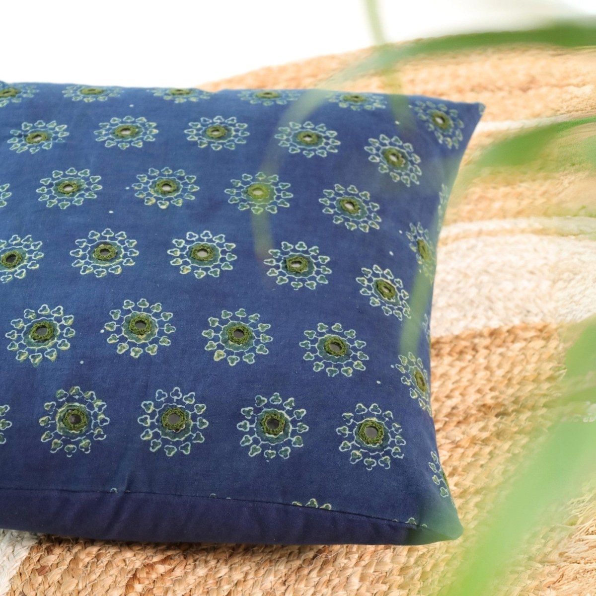 Embroidered Cotton Cushion Cover in Indigo and Green | 16x16 in | Set of 1,2 and 4