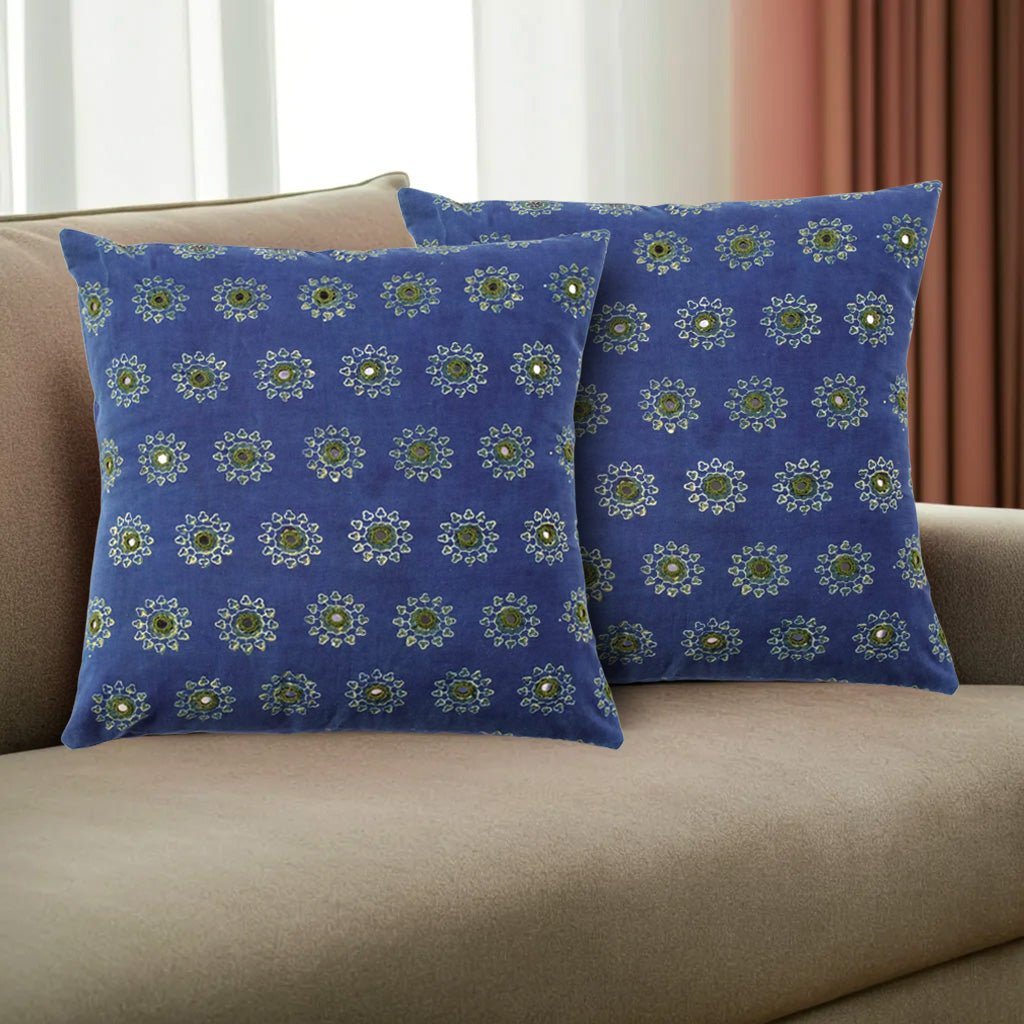 Embroidered Cotton Cushion Cover in Indigo and Green | 16x16 in | Set of 1,2 and 4