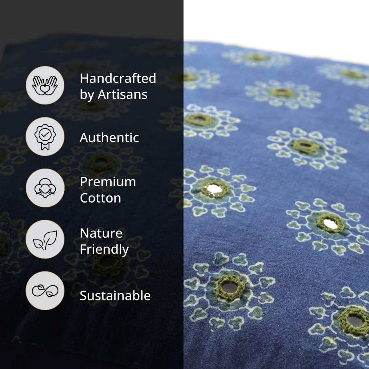 Embroidered Cotton Cushion Cover in Indigo and Green | 16x16 in | Set of 1,2 and 4