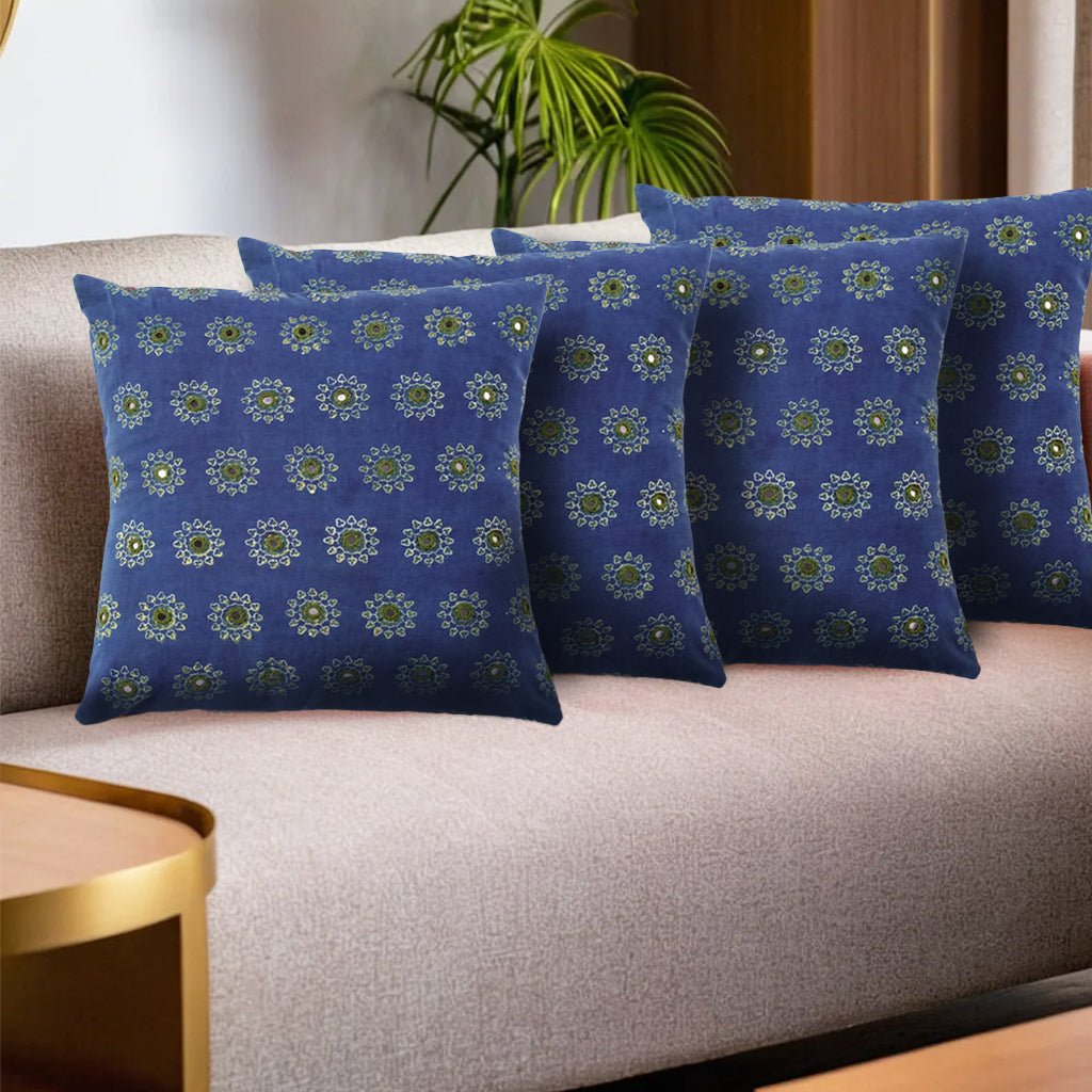 Embroidered Cotton Cushion Cover in Indigo and Green | 16x16 in | Set of 1,2 and 4