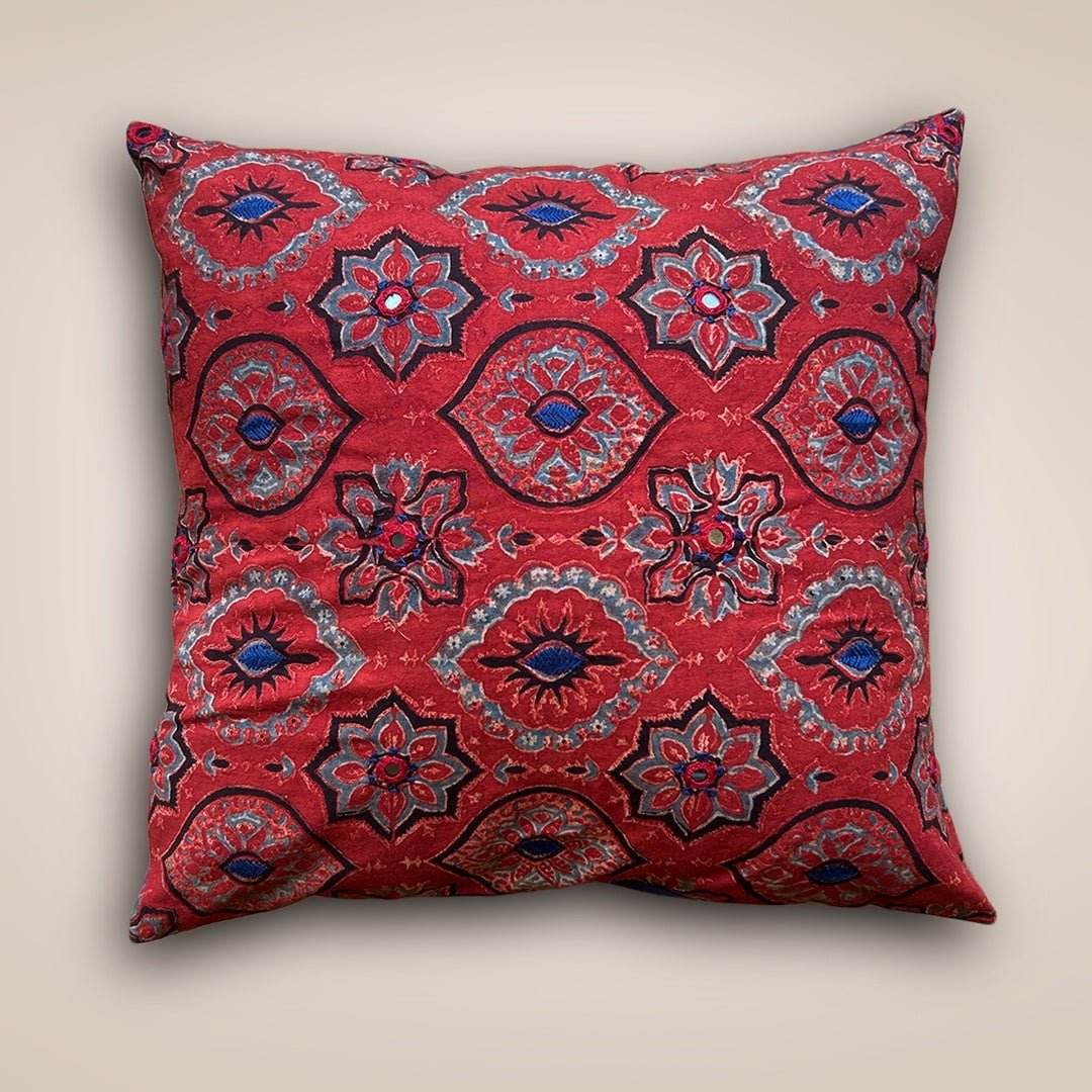 Embroidered Cotton Cushion Cover in Brick Red | 16x16 in | Set of 1,2 and 4