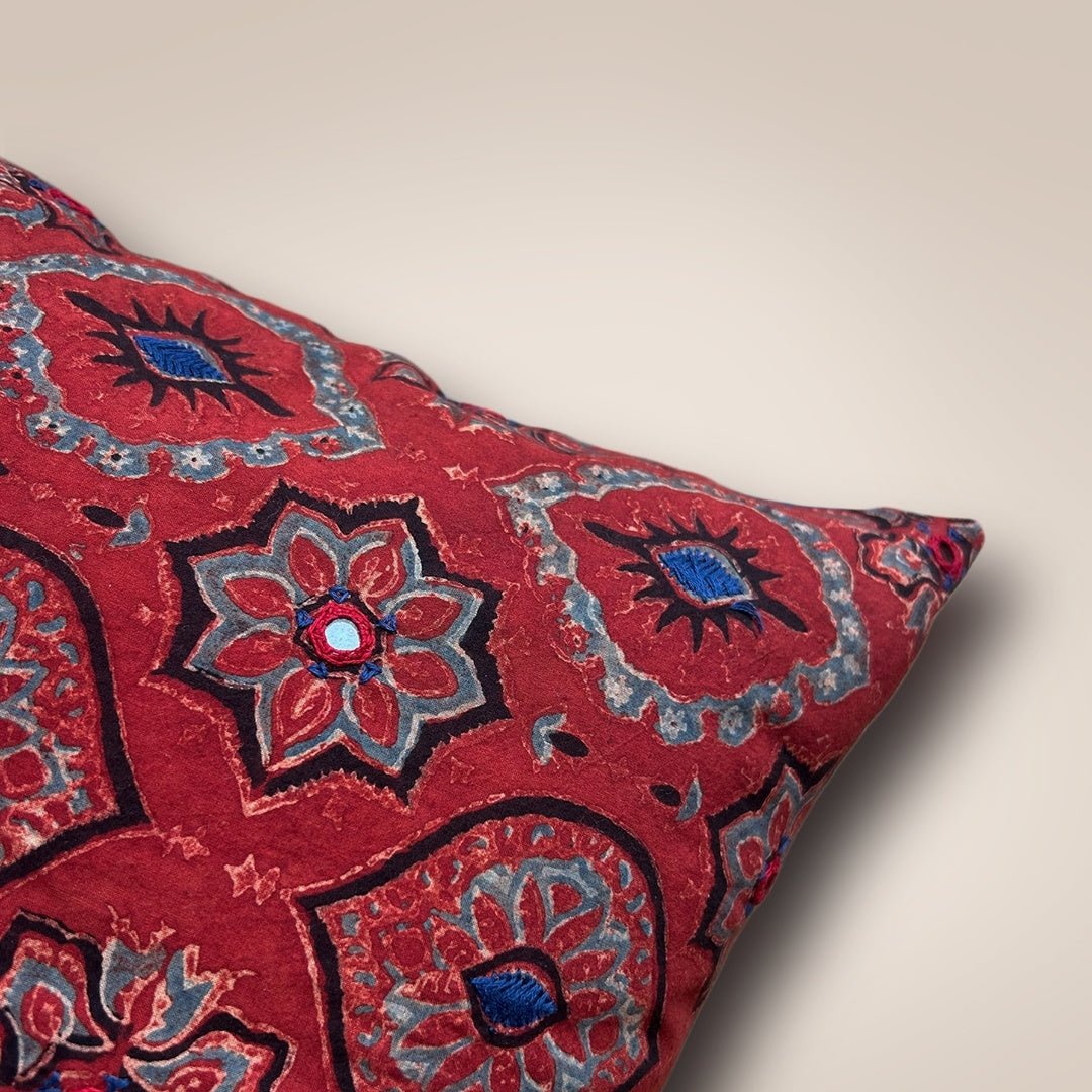 Embroidered Cotton Cushion Cover in Brick Red | 16x16 in | Set of 1,2 and 4