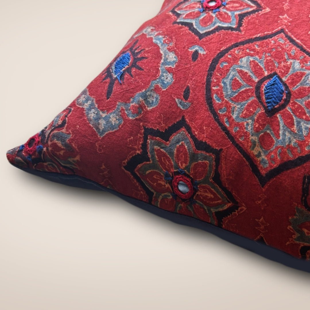 Embroidered Cotton Cushion Cover in Brick Red | 16x16 in | Set of 1,2 and 4