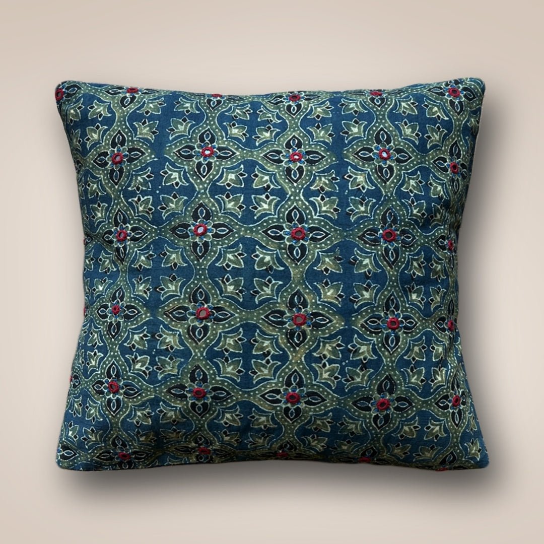 Embroidered Cotton Cushion Cover in Indigo and Green | 16x16 in | Set of 1,2 and 4