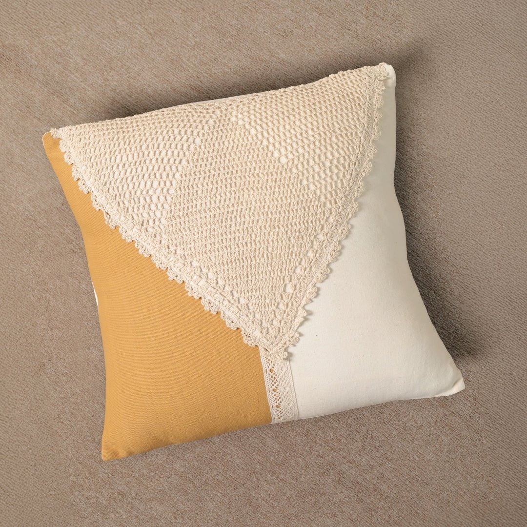 Pure Cotton Crochet Cushion Cover in Mustard and Off White | 16x16 in | Set of 1,2,3,4 and 5