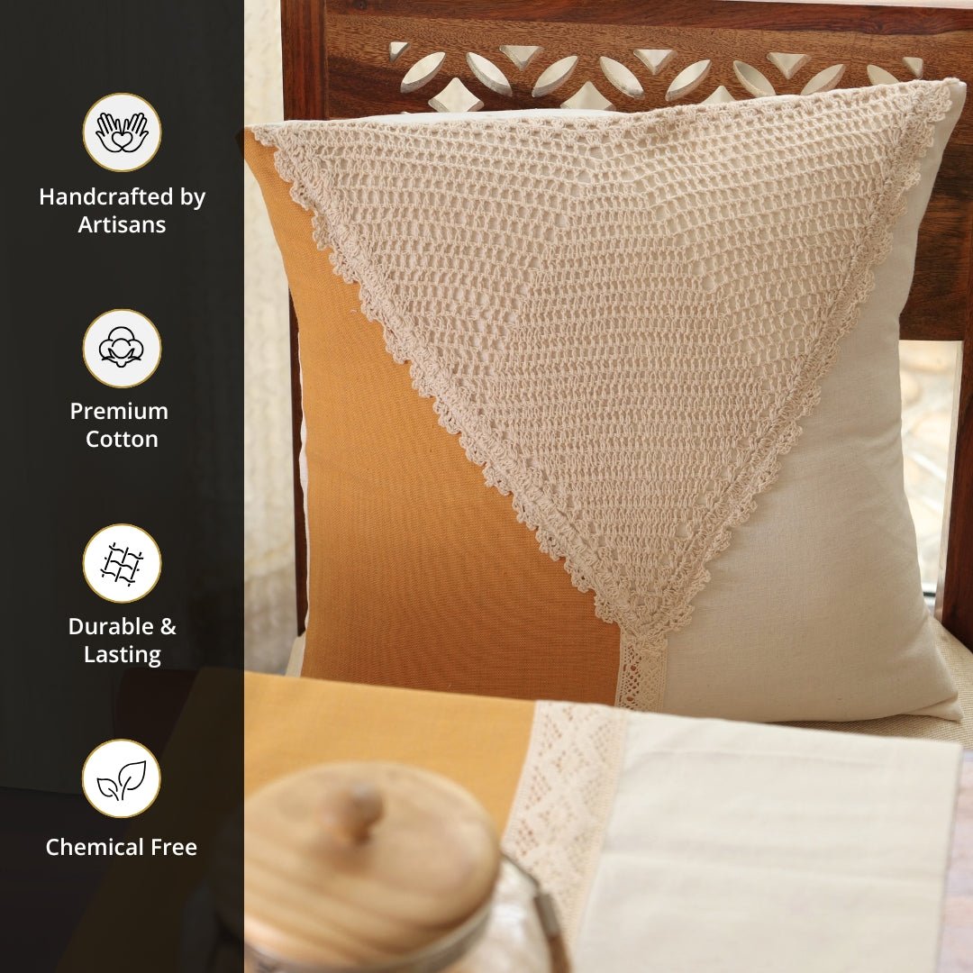 Pure Cotton Crochet Cushion Cover in Mustard and Off White | 16x16 in | Set of 1,2,3,4 and 5